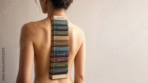 Woman with books on back representing wellness concepts and personal growth