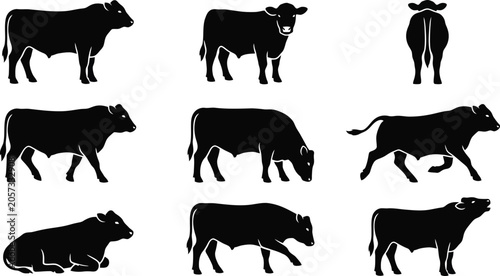Obraz na plátně Cow and calf silhouette collection in various farm poses cattle bovine