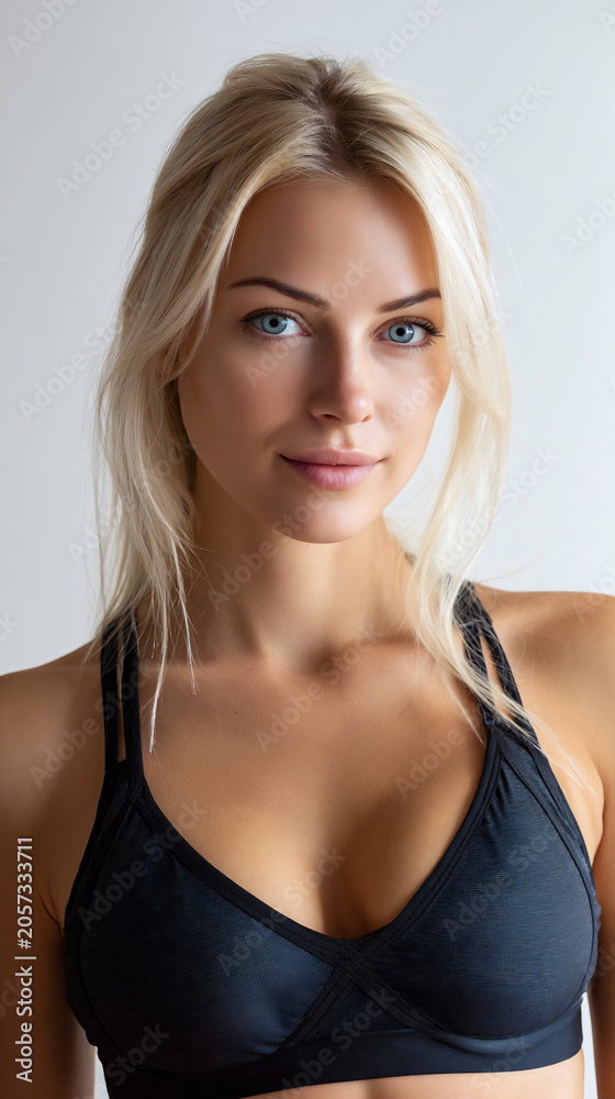 Fototapeta premium beautiful blonde athlete in minimal sportswear isolated on white background, fit athletic woman with gorgeous face wearing modern sportswear in studio, healthy blonde fitness model 