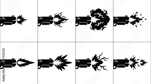 Obraz na płótnie Eight black and white illustrations of gun muzzle flashes and projectile trails