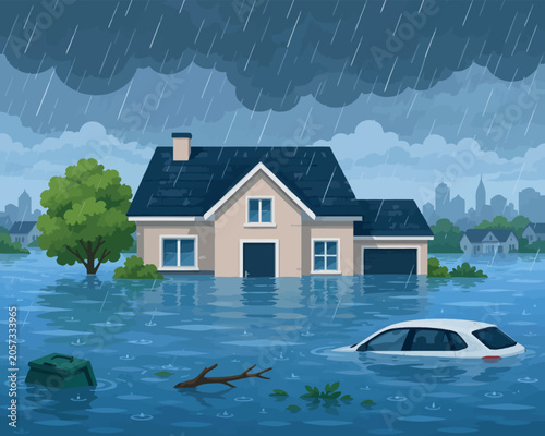 Vsai residential house and car submerged in heavy rain flood