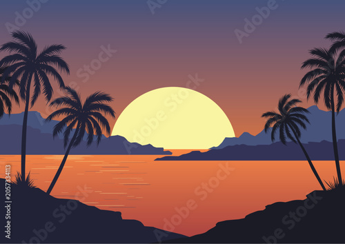 Tropical landscape with silhouettes of palm trees by the water at sunset. Vector illustration