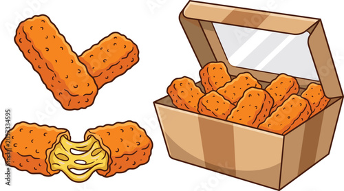 Tableau sur toile Fried mozzarella cheese sticks and chicken nuggets vector set featuring crunchy