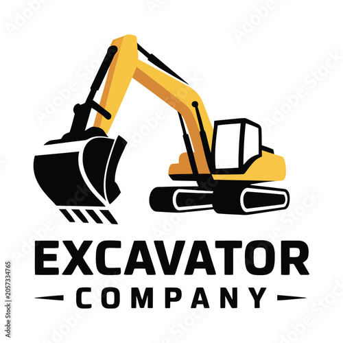 Excavator Company Logo with Yellow Backhoe, Black Bucket and Bold Text Reading Excavator Company Featuring Construction Vehicle, Heavy Machinery
