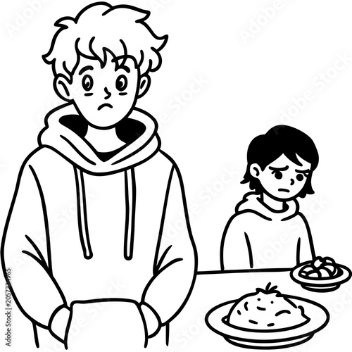A teenage boy with messy hair and a hoodie pulled over looks sad, standing near a kitchen table with food plates and another person looking upset. Line art vector sketch, melancholy mood.