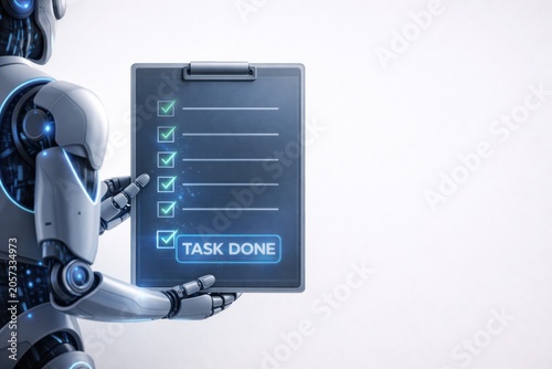robot holding checklist with completed tasks in futuristic digital workspace