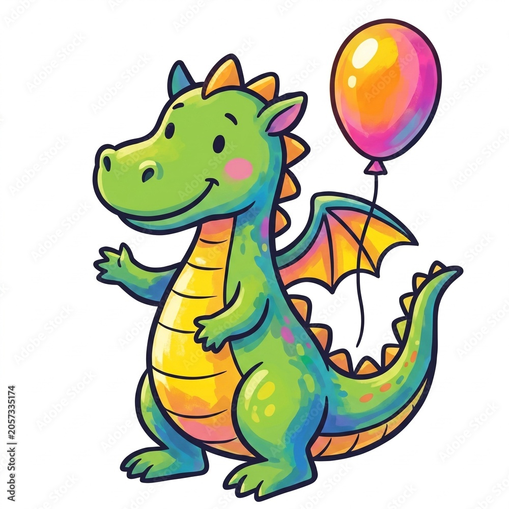 Fototapeta premium Cute green dragon holding a colorful balloon illustration, friendly fantasy creature graphic for kids, whimsical birthday party character art, isolated on white background, bright festive sticker desi