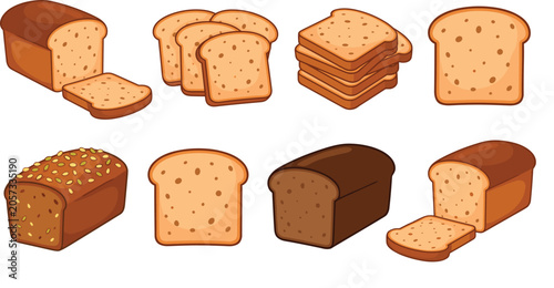 Tableau sur toile Bakery bread loaves and slices vector collection set featuring whole wheat white