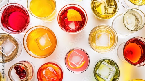 mixer. Colorful drinks in assorted glassware arranged neatly, captured from an overhead angle. bar promotions, beverage menus, designed for product packaging and bar promotions.