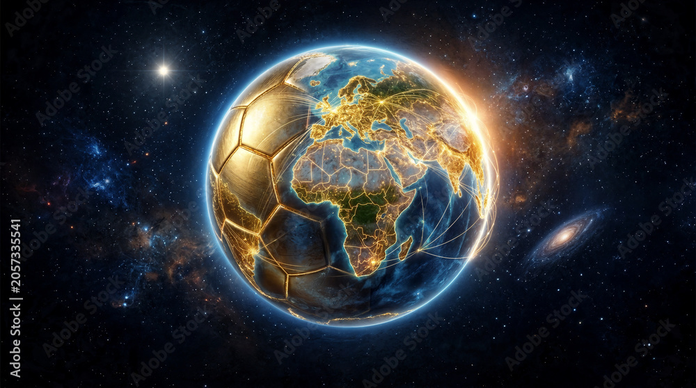 Fototapeta premium Earth soccer planet glowing in deep space with starry cosmic background and nebula light effects