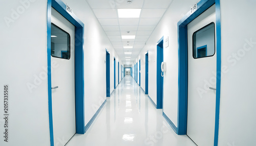 Long empty hospital corridor with blue doors and bright lights