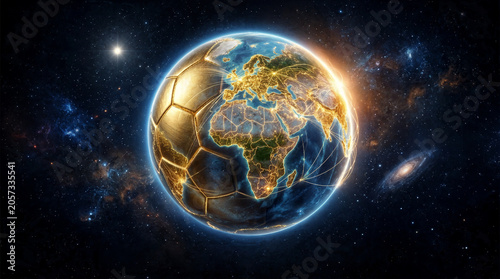 Earth soccer planet glowing in deep space with starry cosmic background and nebula light effects