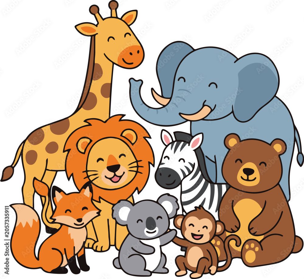 Obraz premium Cute cartoon wild animal group illustration featuring giraffe, elephant, lion, zebra, bear, fox, koala, and monkey.