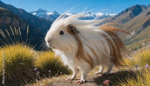 Long-haired Peruvian guinea pig in the high-altitude Andean grassland habitat
