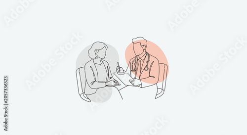 Minimalist continuous line drawing of doctor consultation