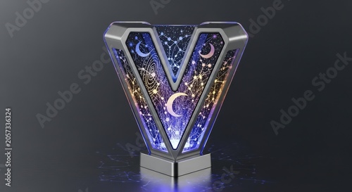 3D letter V trophy with cosmic stars and moon design.
