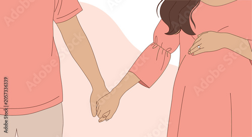 Expectant couple holding hands in minimalist pastel line art