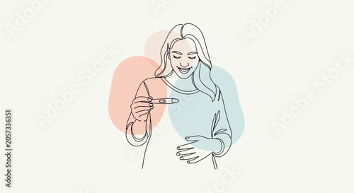 Happy moment of positive pregnancy test result in minimalist line art style