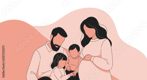 Happy family in minimalist design with mother, father, and children