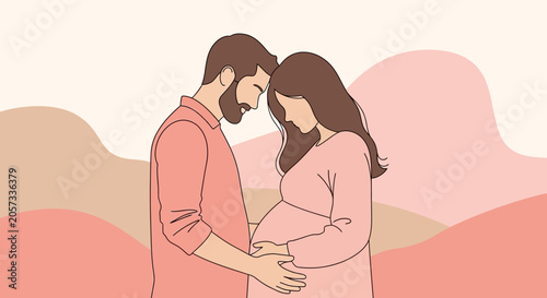 Tender moment of expecting couple in soft minimalist pastel style