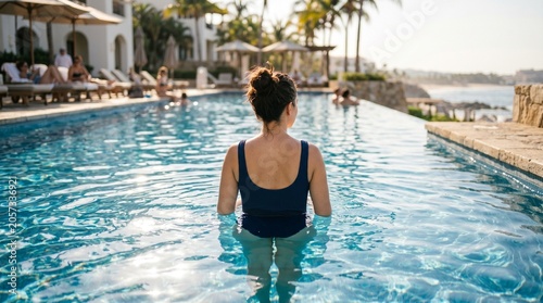 shot of a woman in the pool back view