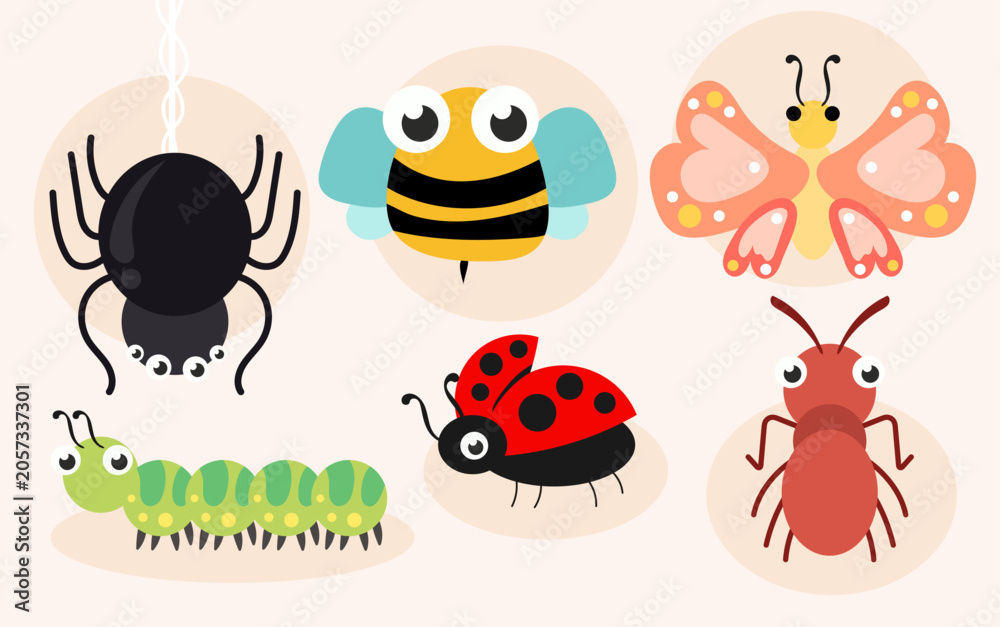 Naklejka premium Cute Cartoon Insect and Bug Character Set with Spider Bee Butterfly Ladybug