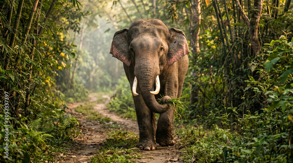 Fototapeta premium Asian elephant walking on a dirt path in a lush bamboo forest