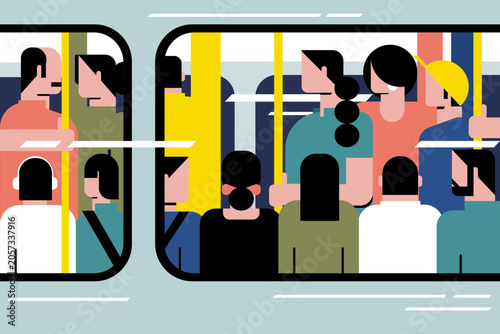 Crowded urban metro train interior with diverse commuters standing and traveling during rush hour, modern public transportation and daily city life concept in flat vector illustration