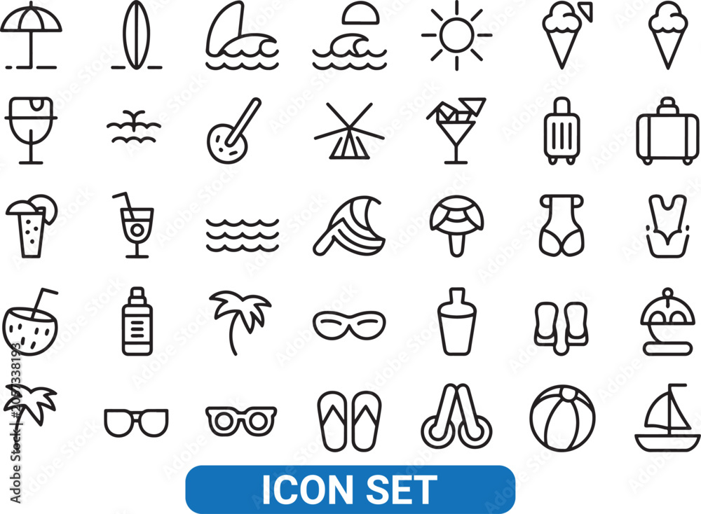 Fototapeta premium Summer Vacation Travel and Leisure Line Art Icon Set Vector Illustration
