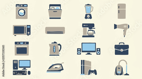 Photos Diverse household appliances and consumer electronics icons set
