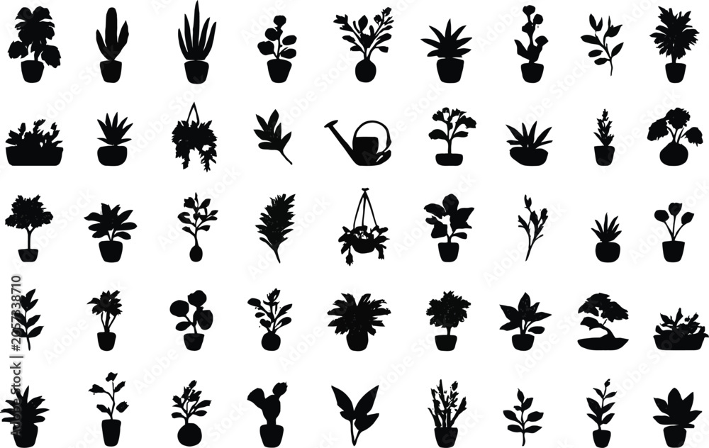 Fototapeta premium Botanical Plant Silhouette Collection – Black Floral and Leaf Icons Set, Nature Vector Elements