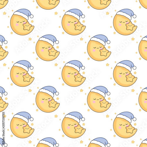 Cute Sleeping Moon and Star Seamless Pattern | Kawaii Nursery Background with Crescent Moon, Stars and Night Sky Illustration