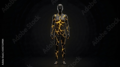 A cracked stone female silhouette glowing with golden light from within, a powerful metaphor for resilience, healing from trauma, and finding strength in brokenness.