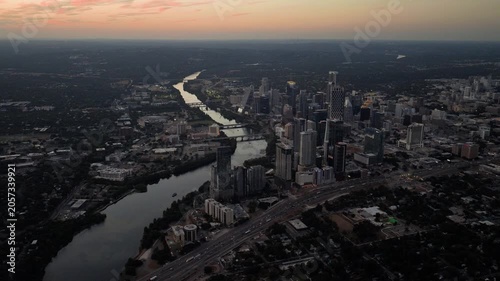 Aerial View of Downtown Austin Skyline Above Lady Bird Lake at Dusk Part 3 of 3
