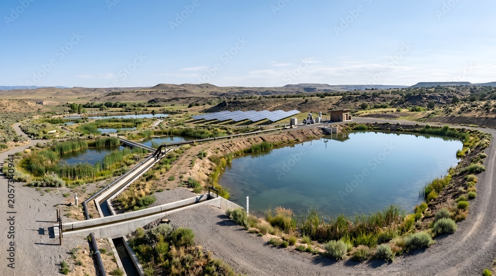 Fototapeta premium Solar powered water management system with ponds, channels in arid landscape.