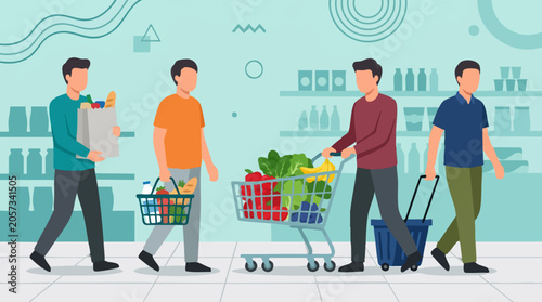 Photos Men shopping for groceries in supermarket aisle with carts and baskets