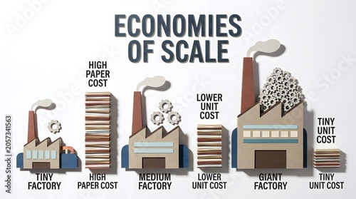 A papercraft infographic of scaling factories representing the concept of economies of scale, where growing production volume and industrial efficiency diminish individual unit costs.