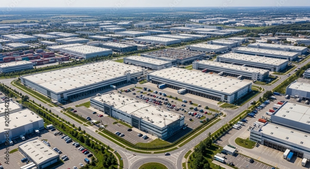 Fototapeta premium Expansive industrial logistics park with numerous warehouses, distribution centers, and parking lots viewed from above during daylight.
