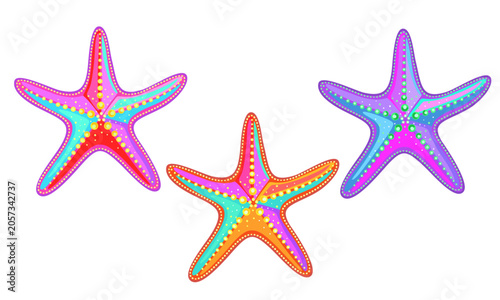 Colorful decorative starfish set isolated on white background