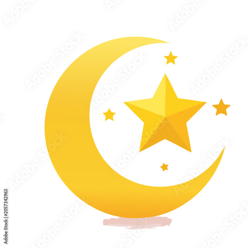 Yellow crescent moon with stars vector icon