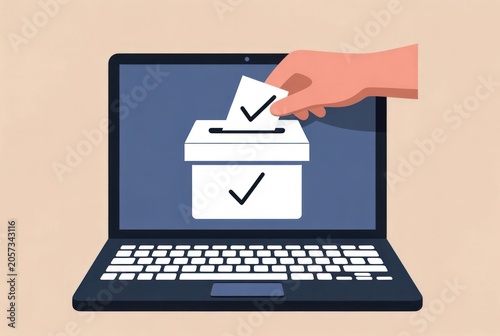 Digital Voting Process Illustration with Laptop, Hand Inserting Ballot, and Checkmark Symbol in Minimalist Design for Online Elections