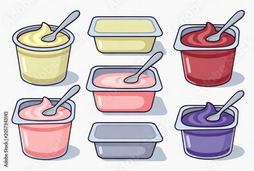 Colorful Variety of Smooth Creamy Spreads in Small Plastic Containers with Spoons Ready for Serving