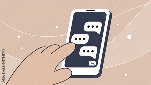 Hand Interacting with Smartphone Displaying Messaging Application on Minimalist Background