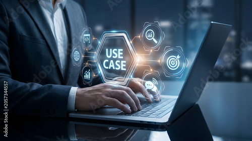 Businessman working on a laptop with a digital holographic interface showing use case concept.