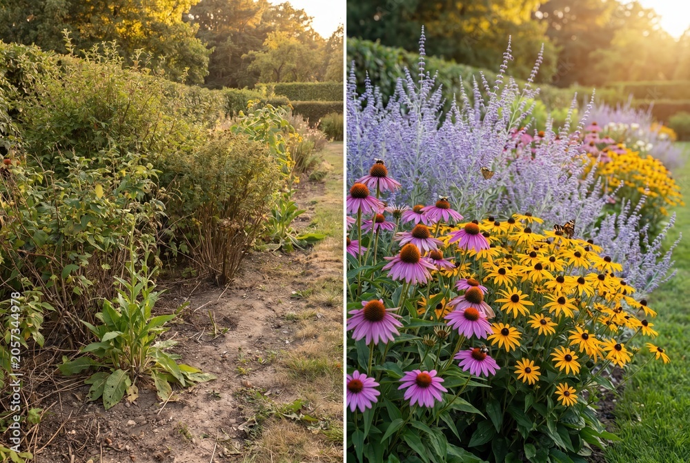 Fototapeta premium A side-by-side comparison of an unkempt garden patch and a vibrant, blooming flower bed with butterflies.
