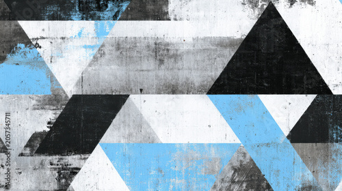Geometric grunge texture features black, white, and sky blue triangles and blocks in urban style