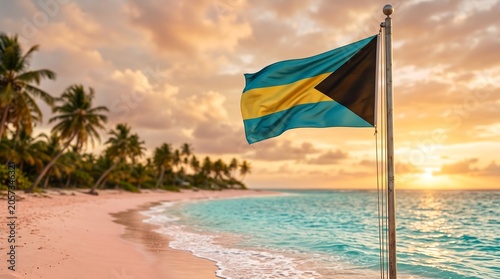 Bahamas flag waving on a flagpole at a tropical beach with palm trees and golden sunset sky ideal for travel brochures