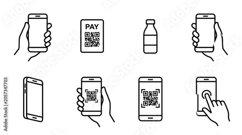 Line art icons illustrating mobile payment and QR code scanning for contactless checkout and digital wallet use