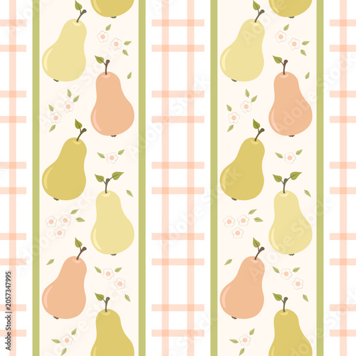 Seamless vector pattern with ripe pears, vertical stripes and plaid background