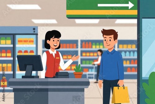 Friendly cashier assisting customer in modern grocery store with colorful shelves and vibrant shopping environment